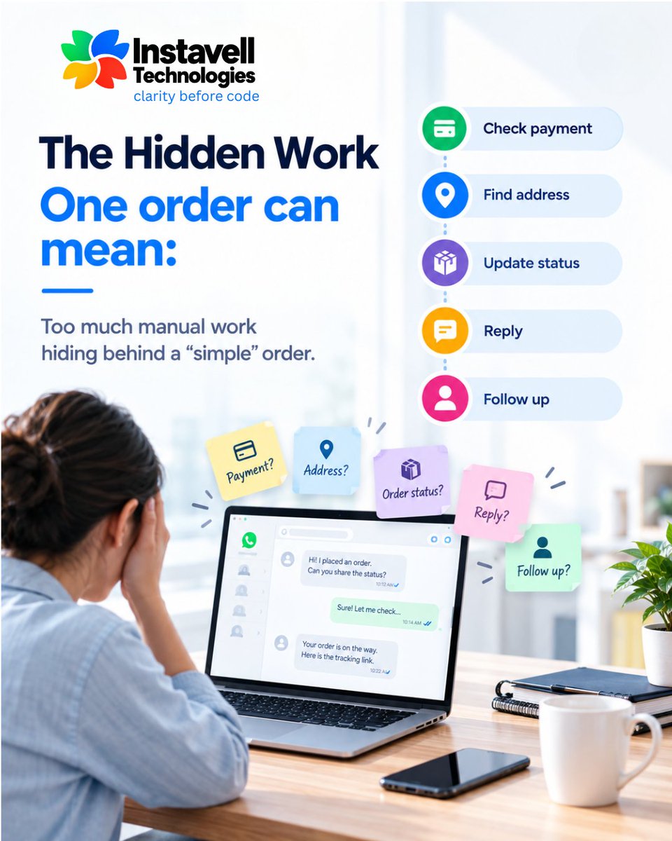 instavelltech's tweet photo. Orders shouldn’t get lost in chats, screenshots &amp; follow-ups.

Instavell connects the journey:
Browse → Cart → Pay → Confirm → Manage.
Less searching. Less guessing. More clarity.

Discover Instavell →https://t.co/djvjcw22zi

#InstavellTechnologies #Ecommerce #Automation https://t.co/NcyzKxwhrE