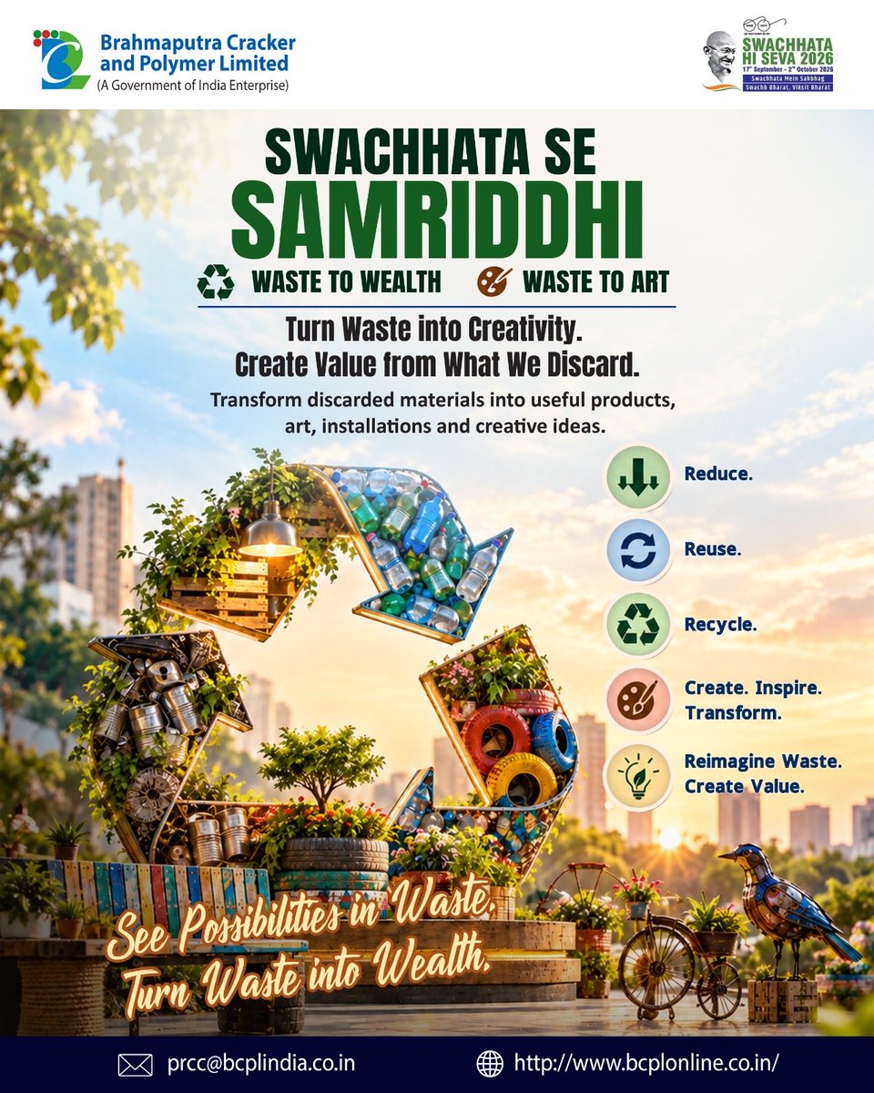 BCPLOfficial's tweet photo. Waste isn’t always waste it can be the beginning of something beautiful.
Let’s rethink, reuse and reinvent—because every piece of waste has the potential for a new purpose.
#SwachhataHiSeva #TurnWasteIntoCreativity #ReduceReuseRecycle #BCPL #SwachhBharat https://t.co/fHBpzRGf5J