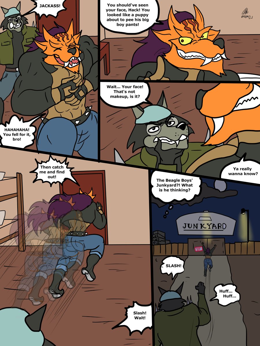RLynxer's tweet photo. Hack returns to find Slash wearing the orange Oni mask. 

Emboldened by the mask's power, Slash decides it would be a good idea to go to the Beagle Boys' junkyard to pick a fight, summoning the Squid Shadow Khan tribe.

Art by Oliriv (DA) 
#onimask #shadowkhan #tarakudo https://t.co/DwNK4UPDDH