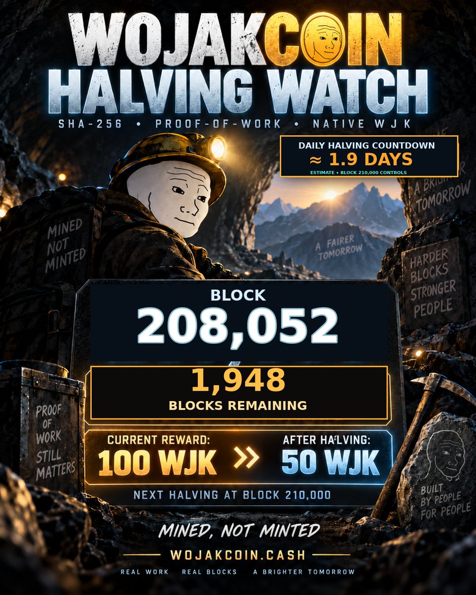 WojakCoin2017's tweet photo. HALVING WATCH ⛏️

Native WJK is at block 208,052. Only 1,948 blocks remain before the first reward cut: 100 → 50 WJK at block 210,000.

Recent pace: 84s/block (~1.9 days—estimate only). The chain decides.

What matters most: mining, scarcity, or meme culture?

https://t.co/va5uEVgnw9

#Bitcoin #Mining #WojakCoin #WJK