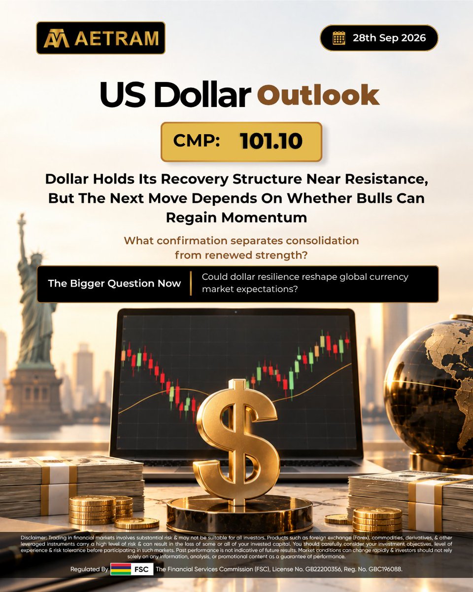 AetramTradesMU's tweet photo. The U.S. Dollar Index is holding its recovery structure near resistance at 101.10, with the next move dependent on whether bulls can regain momentum.
What would make you reprice the dollar from here?
#AETRAM #TradingCommunity #GlobalMarkets #MacroEconomics #CurrencyMarkets https://t.co/kMX8lb46YI