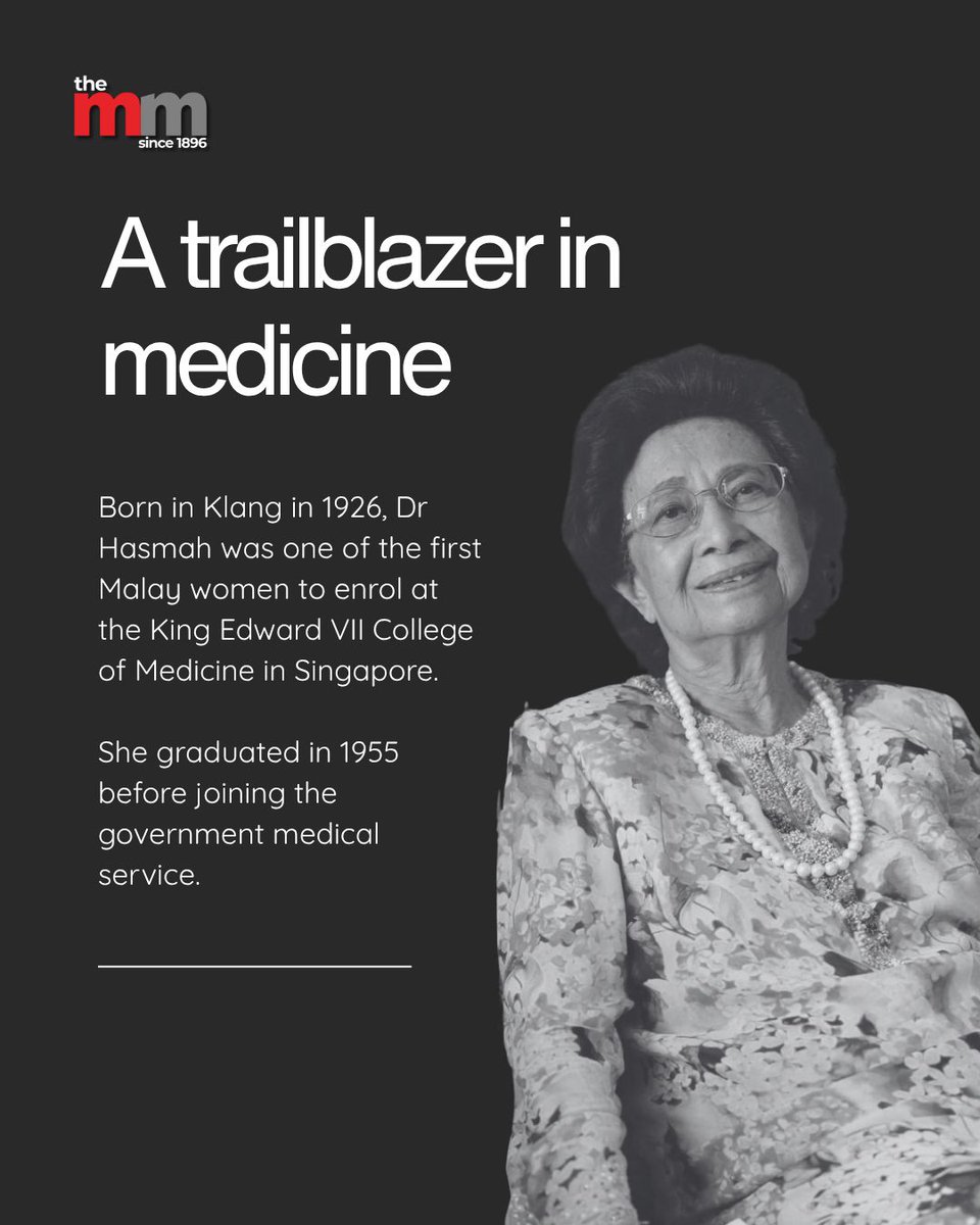 malaymail's tweet photo. Tun Dr Hasmah Mohamad Ali, affectionately known to many Malaysians as “Ibu Negara”, has passed away at the age of 100.

A pioneering doctor and dedicated public servant, she devoted decades of her life to maternal and child health, public health and humanitarian causes.

We look back at her remarkable life and the legacy she leaves behind. Swipe to read ➡️