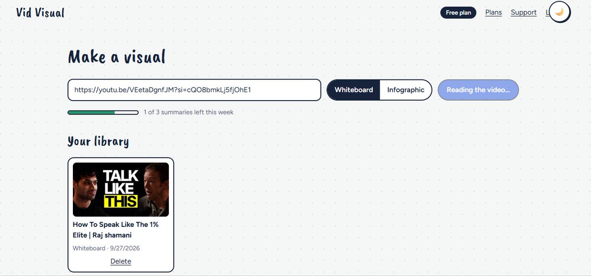 Ali_Mlk092's tweet photo. Your wait is over. 🚀

VidVisual is officially LIVE.

🎥 Video in.
🧠 Key ideas understood.
✨ Visual summary out.

A faster way to understand long videos — without watching every second.

Try vidvisual 👇

https://t.co/tJgjuvsJsI

#SaaS #BuildInPublic https://t.co/57FPCOb360