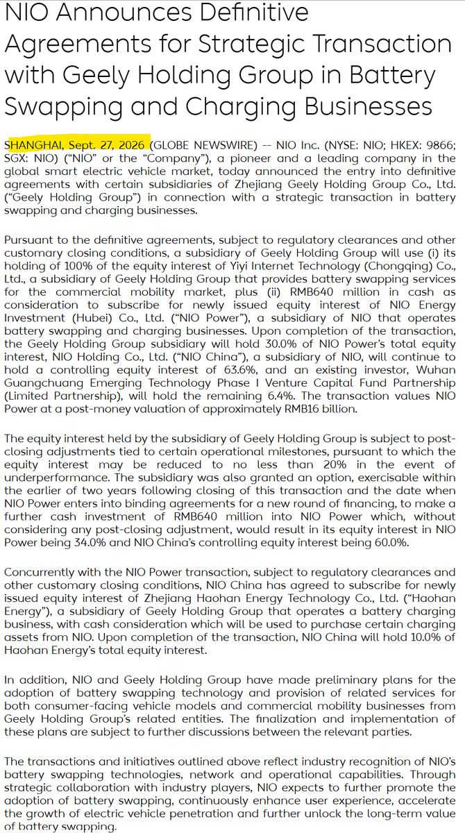 alojoh's tweet photo. Cash-strapped NIO @NIOGlobal sells large stake in its battery swapping business to Geely @GeelyGroup. 

Valuation: Post money, the deal values NIO's battery swapping business (NIO Power) at $2.4 billion, of which $1.5 billion belongs to NIO. Geely's stake is 30% (or up to 34% depending on milestones). 

Payment: Geely paid $95 million in cash + contributed Yiyi, Geely's commercial battery swapping business. 

The deal is interesting since Geely's charging technology is extremely fast. Its latest generation station supports up to 2,250 kW peak power, and Geely says the latest Zeekr 001 and Lynk & Co 10 can charge 10%-70% in 4.5 minutes and 10%-97% in 8 minutes 40 seconds (under optimal conditions of course).

At first glance, Geely's investment into NIO Power looks strange. Geely has some of the fastest charging technology in the industry, so why invest into battery swapping? (a thread)