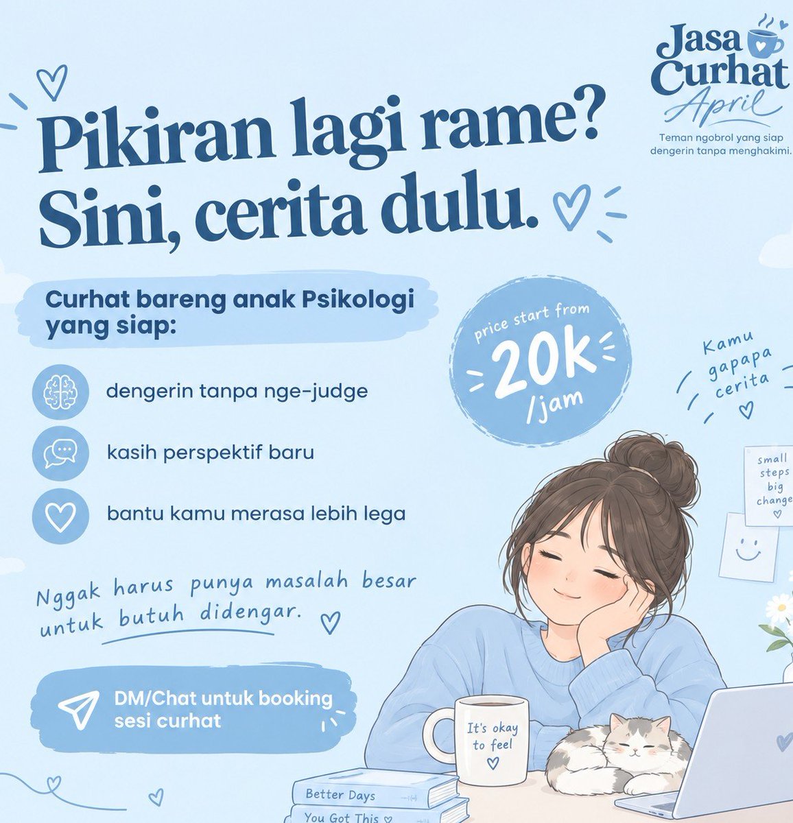 Rossavelle__'s tweet photo. halo guys👋🏻 buat kalian yang lagi butuh teman curhat, bisa kontak aku yaa🙆🏻 
aku april lulusan psikologi open jasa curhat🍀 #jasacurhat #zonauang #bealanja #curhat https://t.co/LSdFwcXgIR