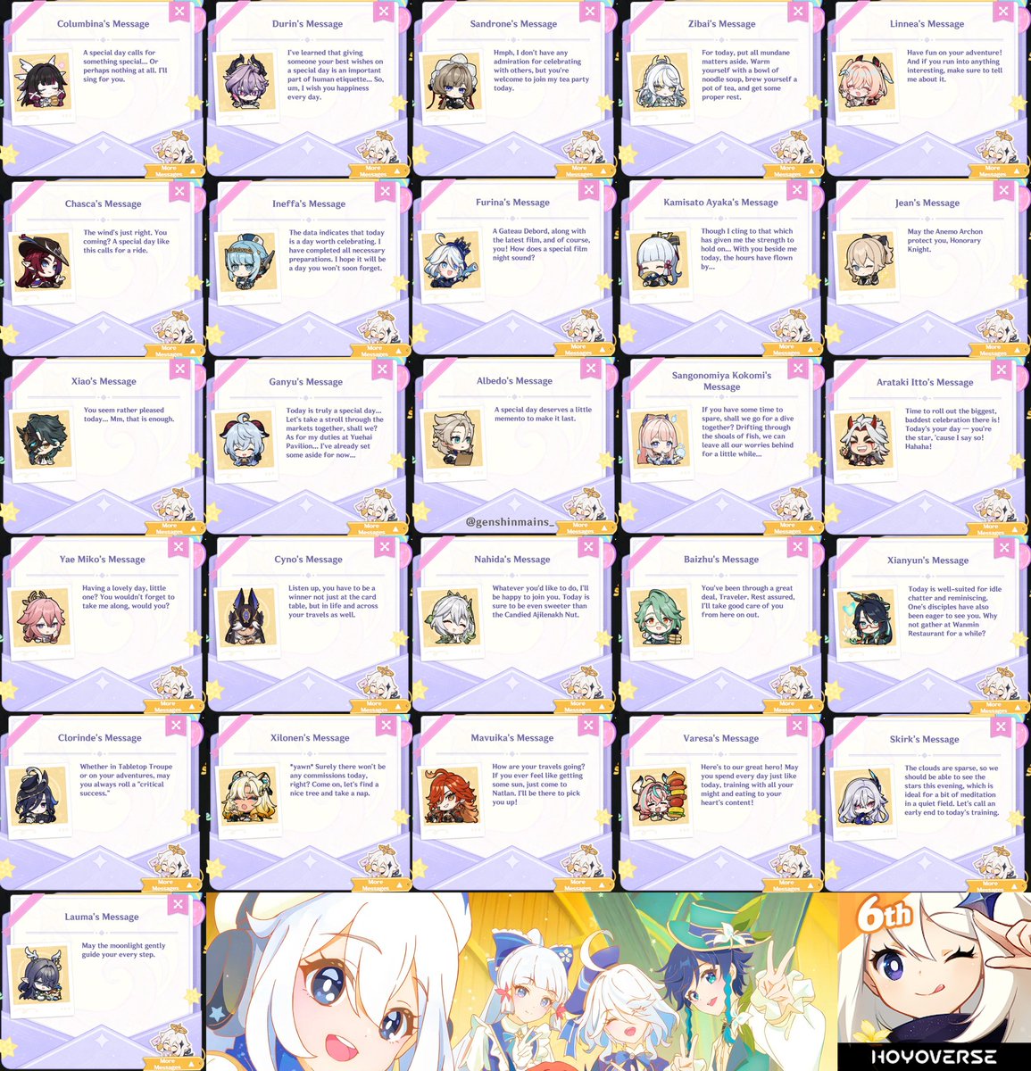 genshinmains_'s tweet photo. All the messages from 26 different characters for the Genshin Anniversary 

#GenshinImpact https://t.co/KvmFakVDjX
