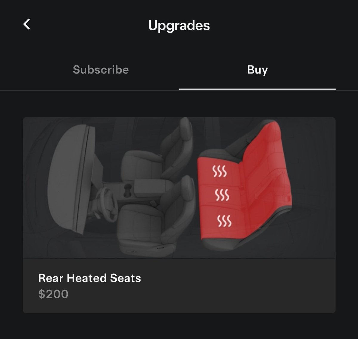 TexasTSLA's tweet photo. Only $200 for Elon to activate the rear 
 heated seats https://t.co/qLgc0TtDlT
