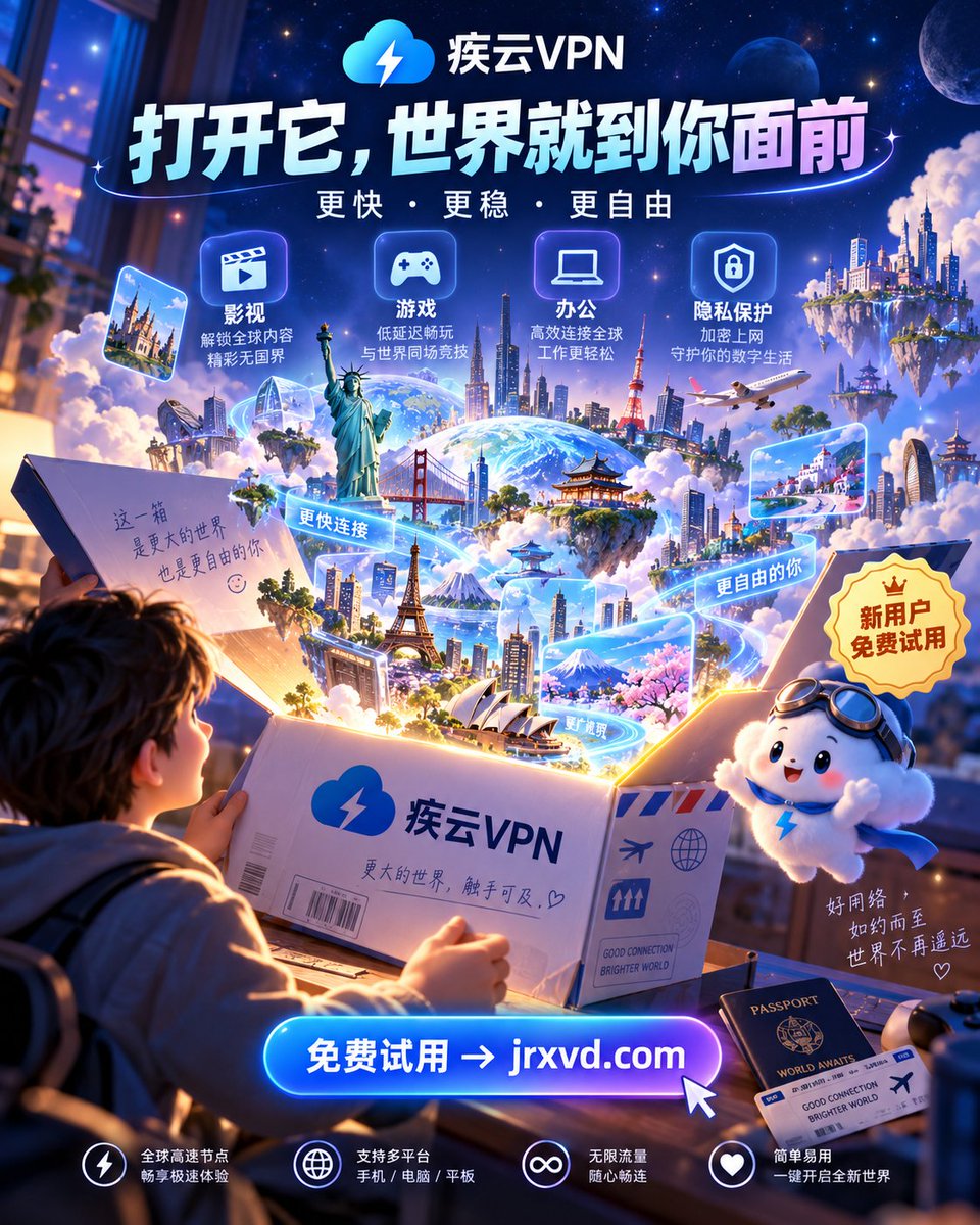 APerezAs's tweet photo. 世界不是用来等加载的，是用来直接打开的。🌍⚡
疾云VPN，让追剧、游戏、办公、海外访问都快一点、稳一点、爽���点。

🎁 新用户免费试用
👉 https://t.co/LAyUIhsF05

#疾云加速器 #疾云VPN #VPN #网络加速 #低延迟 #高速网络 #全球畅连 https://t.co/NWQQE8X8aK