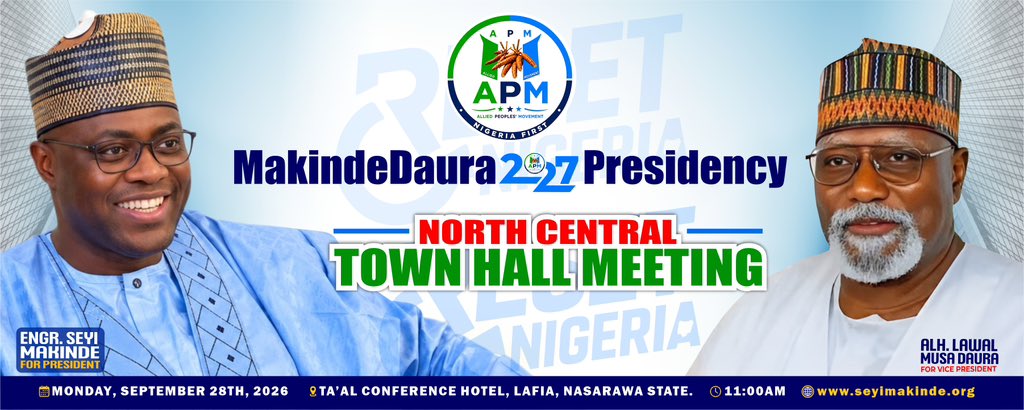 OfficialSeyi027's tweet photo. #APMNorthCentralTownHall:

Today is the day! The North Central Town Hall is taking place at the Ta’al Conference Hotel, Lafia, Nasarawa State. We are gathering to set the agenda for a better and prosperous Nigeria in 2027. 

Don't just watch from the sidelines, be part of the movement. 

Join us and be a Resetter. 

#ResetNigeria #VoteAPM in all elections #VoteMakindeDaura in 2027