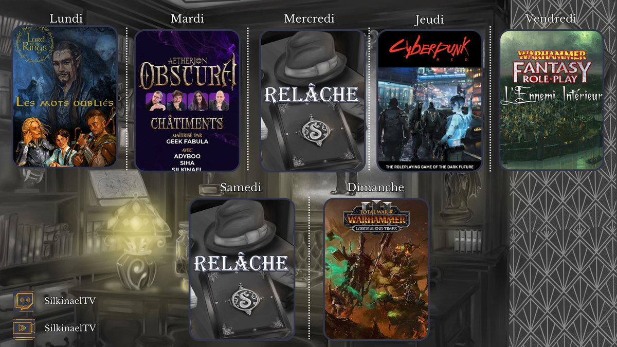 Silkinael's tweet photo. Lu : L'Anneau Unique en plateau avec @Ivractus, @Siha_Art & @Elrohir_BFME
Ma : Aetherion Obscura chez @GeekFabula avec @Siha_Art & @MisterAdyboo 
Je : Cyberpunk RED session 0 avec @Vince_Kun, @AsaliathTv, @Hokma_ & @Benlek_J 
Ve : Warhammer avec @lecercleJDR : @Arzilia_, @AsaliathTv, @lubu_wei, @Vince_Kun & @Benlek_J