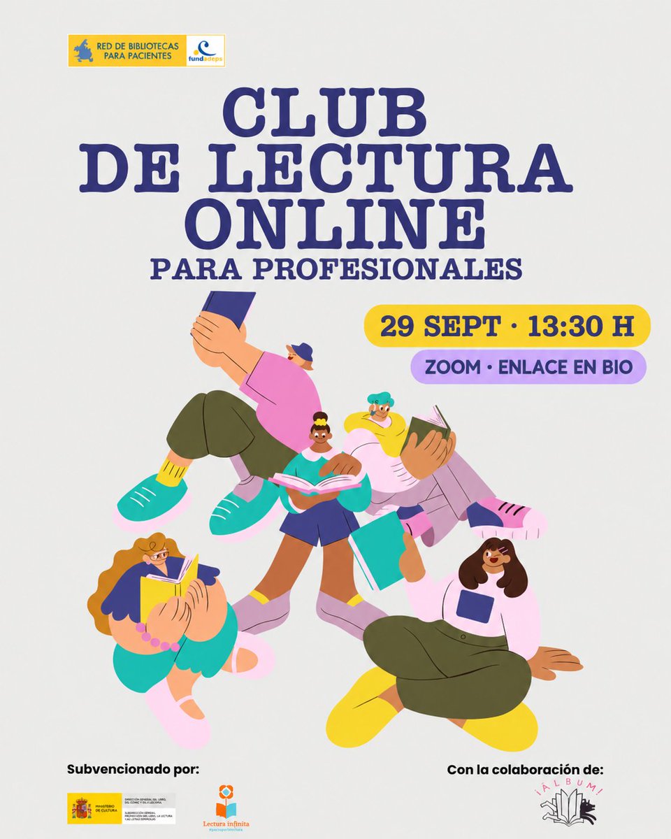 FUNDADEPS's tweet photo. 📚 Mañana, 29 de septiembre a las 13:30 h, celebramos la 5.ª sesión del Club de Lectura online para profesionales de FUNDADEPS.

💻 Acceso directo por Zoom, sin inscripción previa.

Enlace en nuestro perfil.

#SaludYLectura #BibliotecasParaPacientes #FUNDADEPS https://t.co/1VKdIFxNIQ