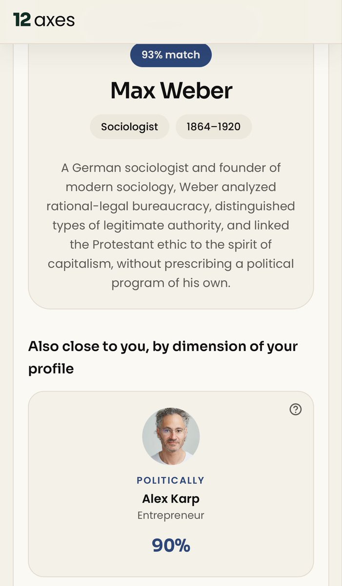 sinethxyz's tweet photo. 98% Aquinas. 93% Weber. 90% Karp.
the test thinks i’m going to spray fentanyl on my enemies with drones powered by Palantir Gotham when really i just like Lee Kuan Yew. a walking contradiction. https://t.co/fFCDEfzaCd