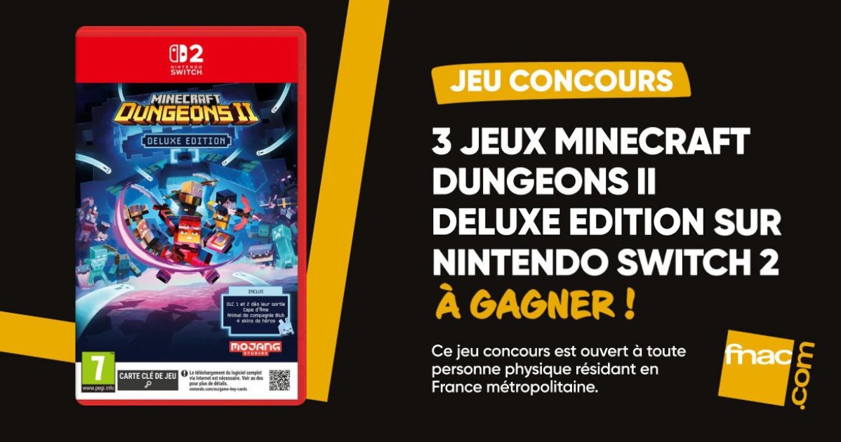Fnac's tweet photo. #JeuConcours 🎉 Retour au combat, héros du Surmonde !

⛏️ Tentez de remporter un jeu Minecraft Dungeons 2 Deluxe Edition sur Nintendo Switch 2 !

🎁 Pour participer :
🔁 + ❤️ + 💬
✅ Follow @Fnac

📅 TAS le 06/10
🏆 3 gagnants
👉https://t.co/v1E3lm25UJ https://t.co/ntQWZv4GNv