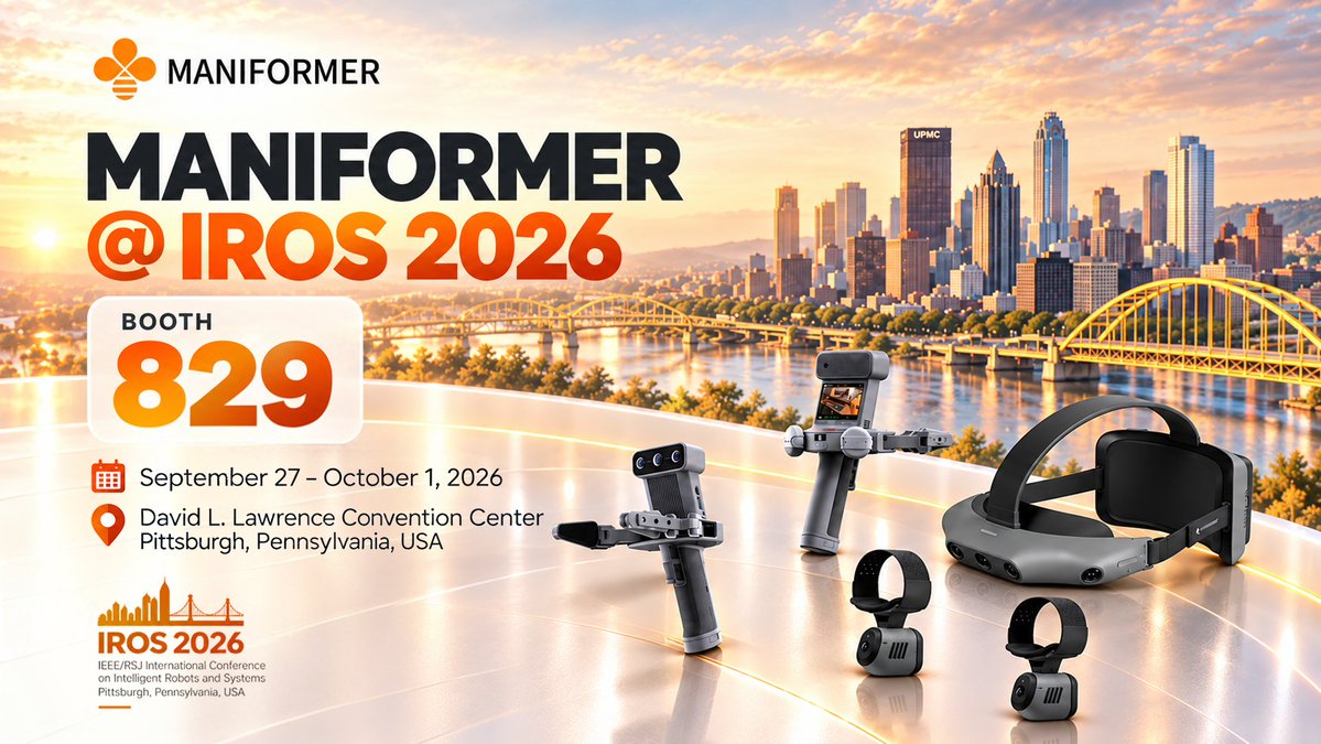 Maniformer's tweet photo. Maniformer is at IROS 2026! 🤖

We’re here showcasing our #MEgo Series for real-world data collection and exploring the latest developments in Physical AI with the global robotics community.
Come visit us at Booth 829! 👋

#IROS2026 #Robotics #HumanoidRobots #EmbodiedAI https://t.co/4e1hn0Ph3h