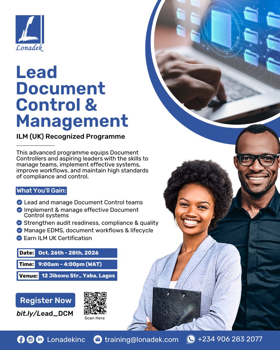 LonadekInc's tweet photo. Join our Lead Document Control &amp; Management Training and earn an internationally recognized ILM UK Certificate.

Secure your spot: https://t.co/gp7jsFtPsf 

*Please note that is training is an onsite training.  

#Lonadek #LeadDocumentControl #DocumentController https://t.co/N2a6mwk2y5