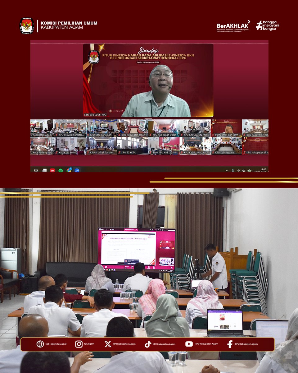 kpu_agam's tweet photo. #temanpemilih Jajaran Sekretariat Komisi Pemilihan Umum (KPU) Kabupaten Agam mengikuti Simulasi Penerapan Fitur Kinerja Harian pada Aplikasi e-Kinerja BKN di Lingkungan Sekretariat Jenderal Komisi Pemilihan Umum (KPU) Republik Indonesia (RI), secara daring, Senin (27/09). https://t.co/ElxaGl5RmV