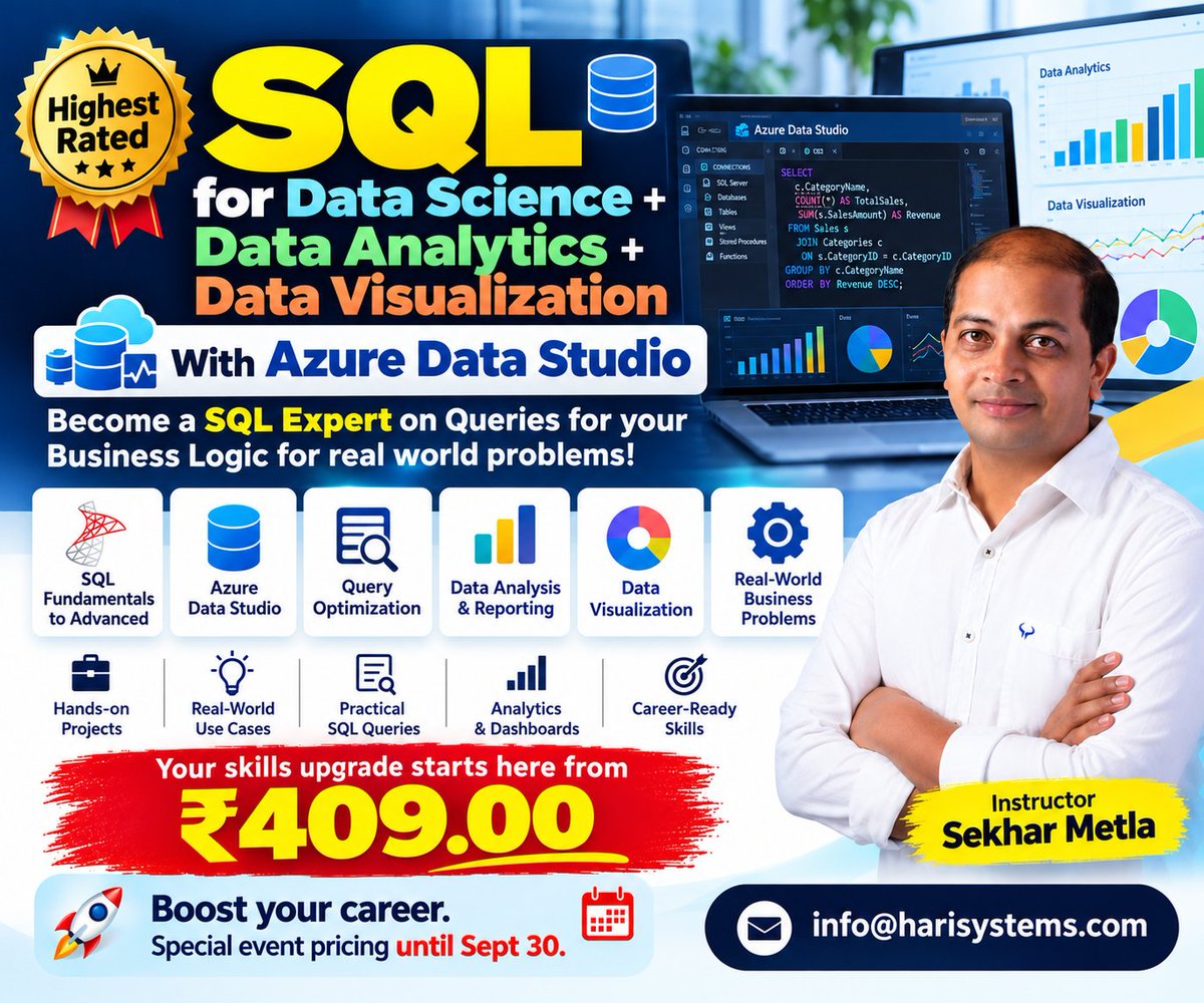 metlasudha's tweet photo. SQL for Data Science + Data Analytics + Data Visualization
https://t.co/sohBwbxQSW
#datascience #data #dataengineer #development #analyst #visualization #ArtificialIntelligence #Upskilling #LearnWithUdemy #ITeachWithUdemy #trendingnow #education #teaching #post #viralpost https://t.co/hWV8rcsz6Z