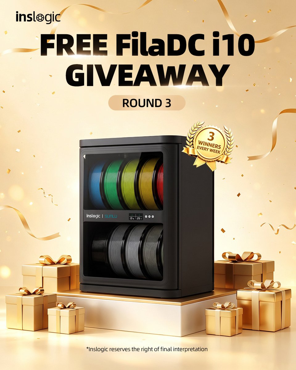 Inslogic3D's tweet photo. Who wants a FREE FilaDC i10? 🤩
Our Round 3 giveaway is ON!

3 winners every week!
✅ Follow
✅ Like
✅ Comment: What feature of the FilaDC i10 excites you the most?
✅ Tag 2 maker friends

💡 Bonus entry: Post a video featuring Inslogic products for an extra winning chance! https://t.co/qTDO1DUpU4