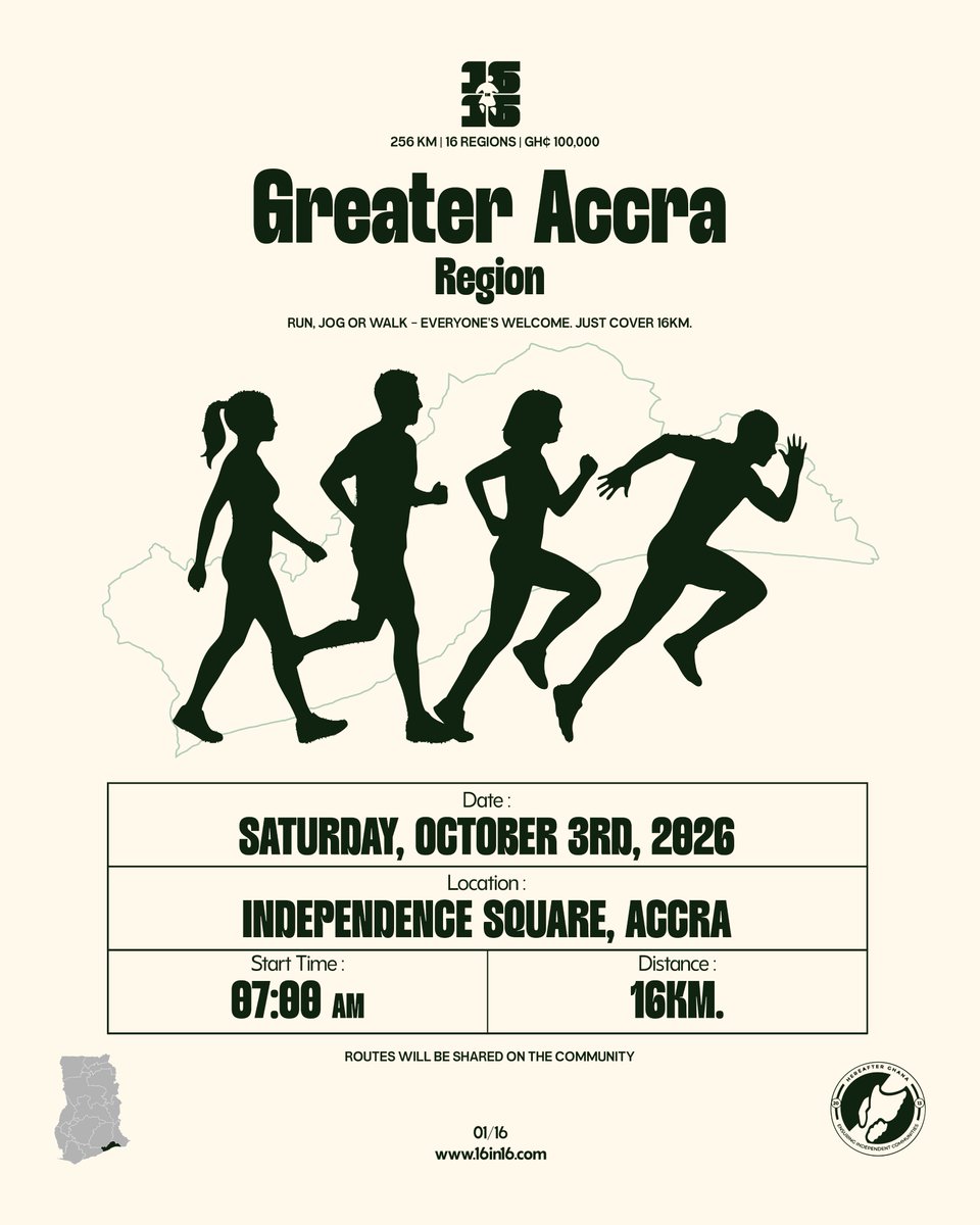 i_mreed's tweet photo. https://t.co/lLrjuPzCrp

Join us for our first run of Project 16 in 16.
Independence Square. October 3rd. 7AM
Don't be late. https://t.co/41qaGBoBz3