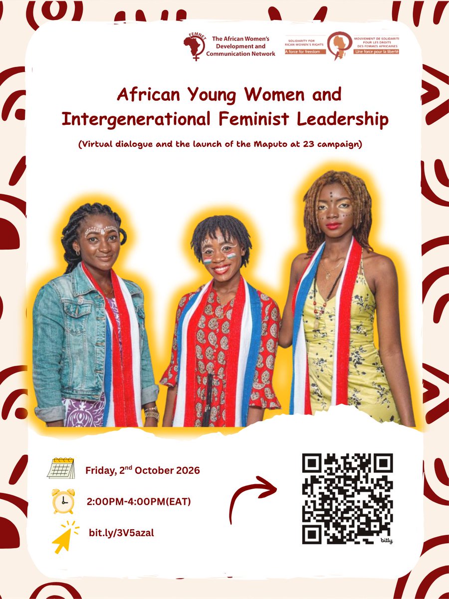 FemnetProg's tweet photo. Young African women are not just the future of the movement—we are leading it RIGHT NOW! 🌍  
Join us for a bold intergenerational dialogue with FEMNET’s Board Chair, Madam Carol Ageng'o  and the official launch of the #MaputoAt23 young women's article collection! 📚✊🏾  

🗓️ Friday, 2nd Oct 2026  
⏰ 2:00 PM – 4:00 PM EAT  
📍 Virtual - Zoom
🔗https://t.co/3ERyOfw69U 

#MaputoAt23 #ISpeak4Myself #AfricanFeministStories