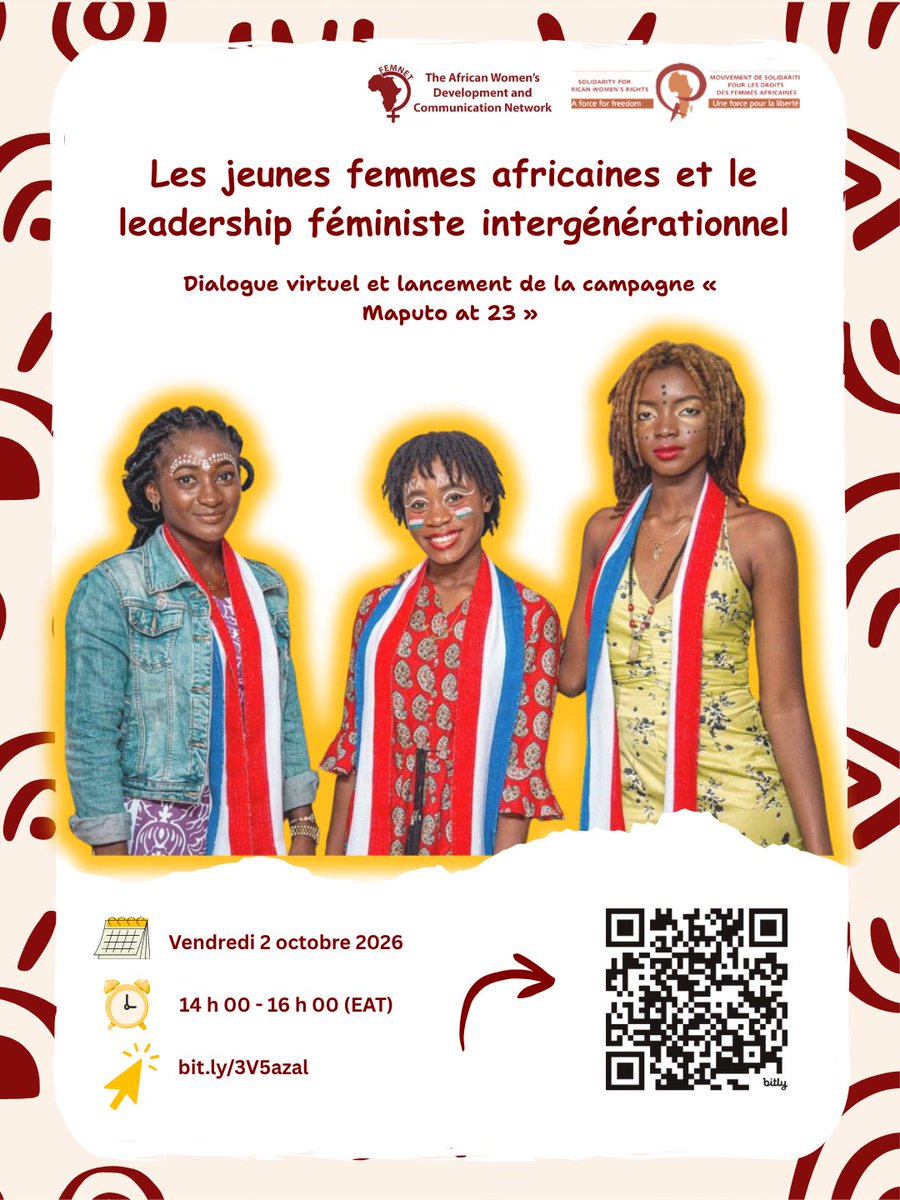 FemnetProg's tweet photo. Young African women are not just the future of the movement—we are leading it RIGHT NOW! 🌍  
Join us for a bold intergenerational dialogue with FEMNET’s Board Chair, Madam Carol Ageng'o  and the official launch of the #MaputoAt23 young women's article collection! 📚✊🏾  

🗓️ Friday, 2nd Oct 2026  
⏰ 2:00 PM – 4:00 PM EAT  
📍 Virtual - Zoom
🔗https://t.co/3ERyOfw69U 

#MaputoAt23 #ISpeak4Myself #AfricanFeministStories