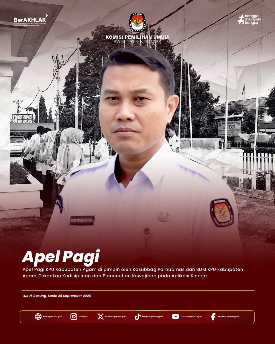 kpu_agam's tweet photo. #temanpemilih Kepala Subbagian Partisipasi Masyarakat dan Sumber Daya Manusia Sekretariat Komisi Pemilihan Umum Kabupaten Agam Romi Marza Putra memimpin apel yang diselenggarakan di halaman Kantor KPU Kabupaten Agam, Senin (28/09). https://t.co/zZMYiAPkX2