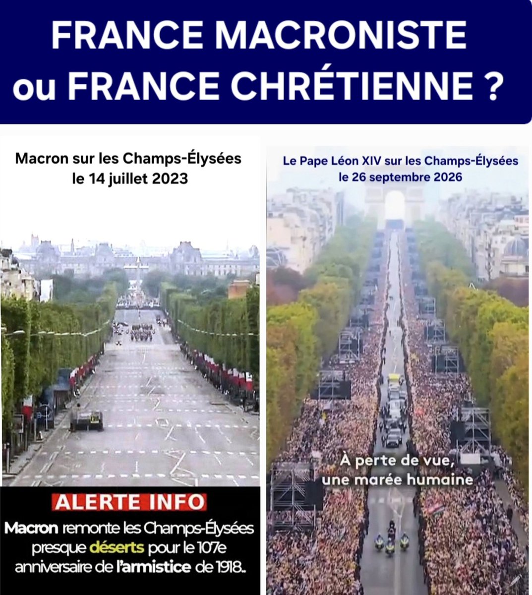 f_asselineau's tweet photo. 𝗦𝗜𝗖 𝗧𝗥𝗔𝗡𝗦𝗜𝗧 𝗚𝗟𝗢𝗥𝗜𝗔 𝗠𝗨𝗡𝗗𝗜
↙️14/7/2023
Champs-Élysées déserts pendant que Macron parade en solitaire dans sa voiture
↘️26/9/2026
Marée humaine de 800.000 personnes sur les Champs-Élysées pour acclamer Léon XIV.
Dans 30 ans, Macron aura été vite oublié comme un atroce cauchemar.
Vieille de 1500 ans, la tradition chrétienne de la France sera toujours là.