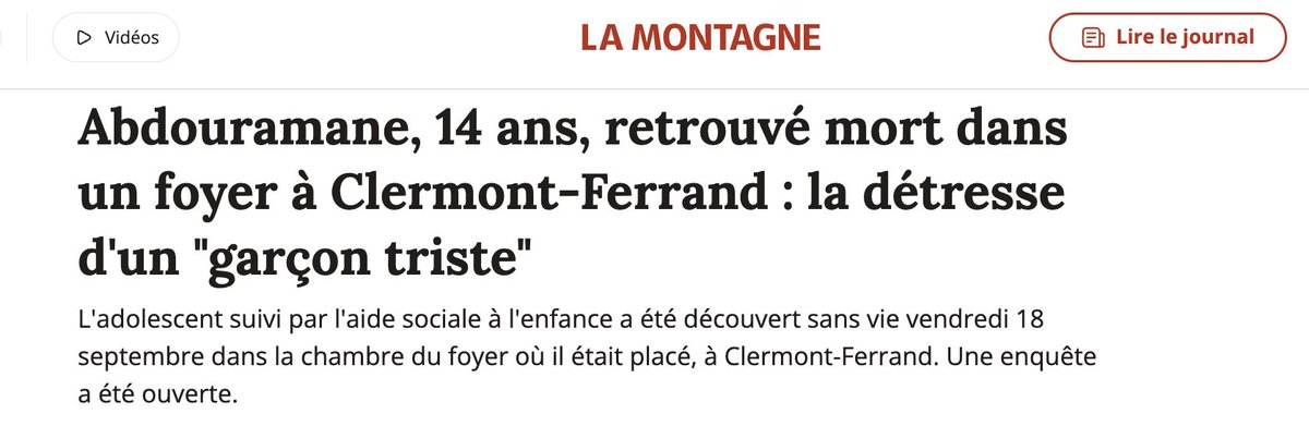 LyesLouffok's tweet photo. Abdouramane avait 14 ans.

Le 18 septembre, cet enfant placé à l’Aide Sociale à l’Enfance s’est pendu dans sa chambre au sein d’un foyer à Clermont-Ferrand. Il était censé y être protégé.

Toutes mes pensées vont à ses proches et à ses amis. https://t.co/BTtGJRdvZE