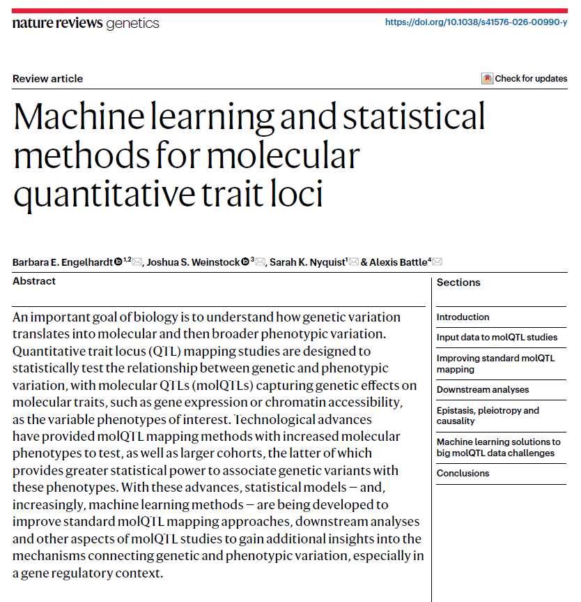 NatureRevGenet's tweet photo. Machine learning and statistical methods for molecular quantitative trait loci https://t.co/A5gE4ym8Ai
New #Review by @BeEngelhardt @GladstoneInst @Stanford, @josh_weinstock @EmoryUniversity, @snyquist2 &amp; @alexisjbattle @JohnsHopkins out now! https://t.co/kBPYBz4lqZ