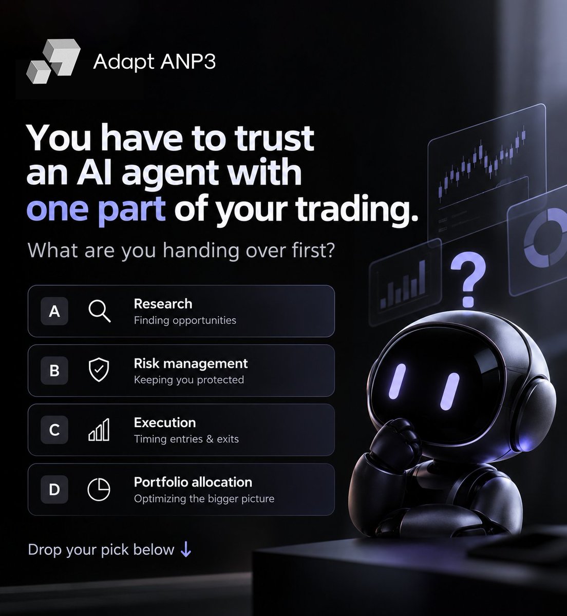 AdaptHF's tweet photo. You have to trust an AI agent with one part of your trading.
What are you handing over first?
Research?
Risk management?
Execution?
Portfolio allocation?
No “none of the above” allowed 👀 https://t.co/JX3Uc0zVw8