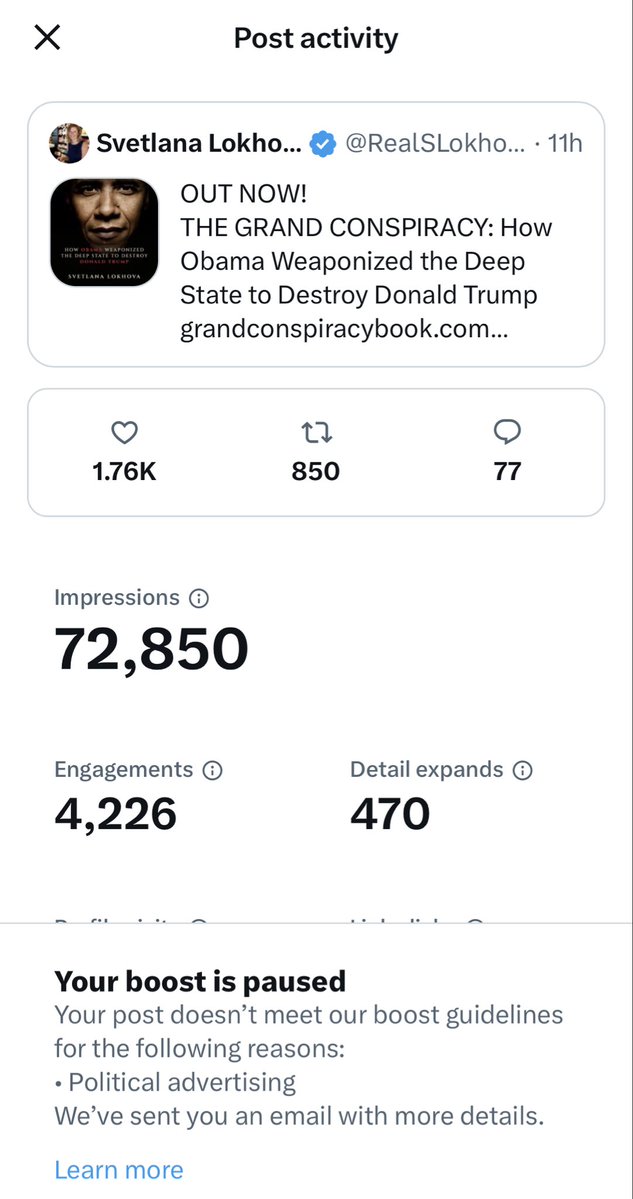 RealSLokhova's tweet photo. Elon @elonmusk I spent 10 years researching this book and years writing it. It’s a comprehensive account of the Grand Conspiracy against President Trump. As a professional historian, I studied thousands of documents to write a 200,000 page book plus sources. I have not slept for the last few months editing it. I have no publisher because they all hate President Trump or are scared, so I had to do everything myself. 

I paid money to boost it because people often say they don’t see my post and it’s really important that the American people read this book to understand what happened to them. It’s not political advertising it’s the TRUTH.