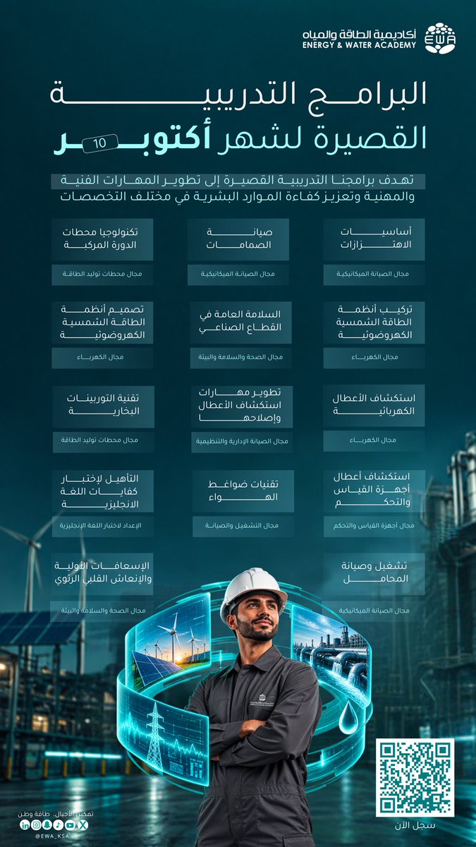 Ewa_ksa's tweet photo. الان..عزّز فرصك المهنية ! 
مجموعة جديدة من الدورات التدريبية القصيره لشهر اكتوبر، تقدمها أكاديمية الطاقة والمياه لتطوير مهاراتك وتعزيز خبراتك المهنية. https://t.co/hRHlgSbbxd