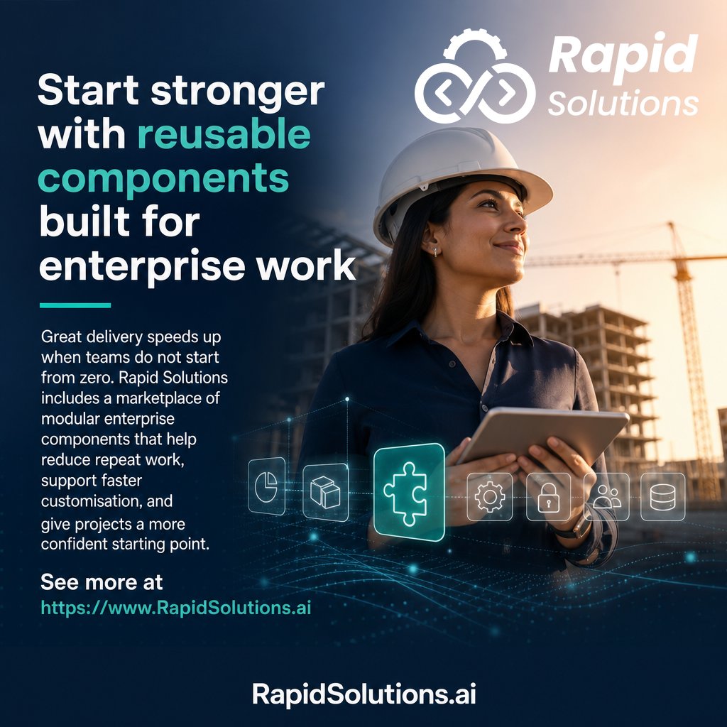 RapidSolutionsX's tweet photo. Start stronger with reusable components built for enterprise work

Great delivery speeds up when teams do not start from zero. Rapid Solutions includes a marketplace of modular enterprise components that help reduce repeat work, support faster customisation, and give projects a more confident starting point. See more at https://t.co/DNupuYRhrB