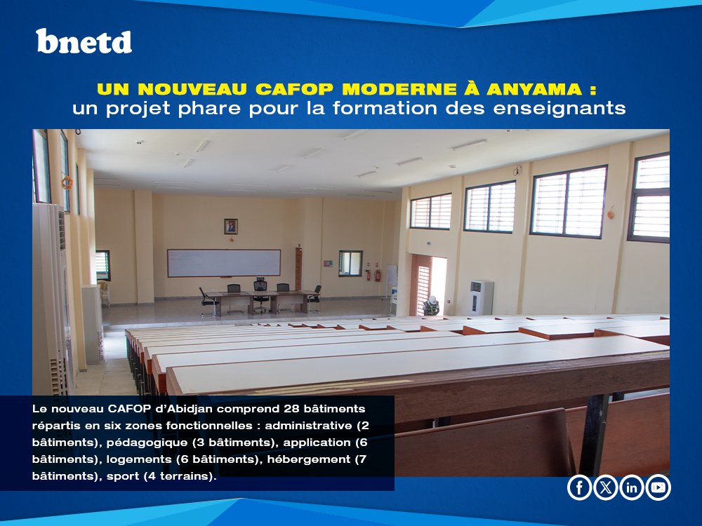 BNETD_CI's tweet photo. 7 hectares. 28 bâtiments. Jusqu’à 1 000 apprenants.
À Anyama, le #BNETD a assuré la maîtrise d’œuvre du nouveau CAFOP destiné à la formation des futurs enseignants du primaire. Bâtir pour ceux qui transmettront demain. #Éducation #CôteDIvoire https://t.co/feBe2kPFeM