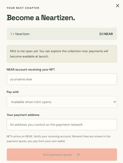 neartizen's tweet photo. Neartizen are the first NEAR NFTs Mint powered by @near_intents 

You can mint Neartizen using USDC,ETH but the NFT will be minted on NEAR https://t.co/ikoaNM3k1I