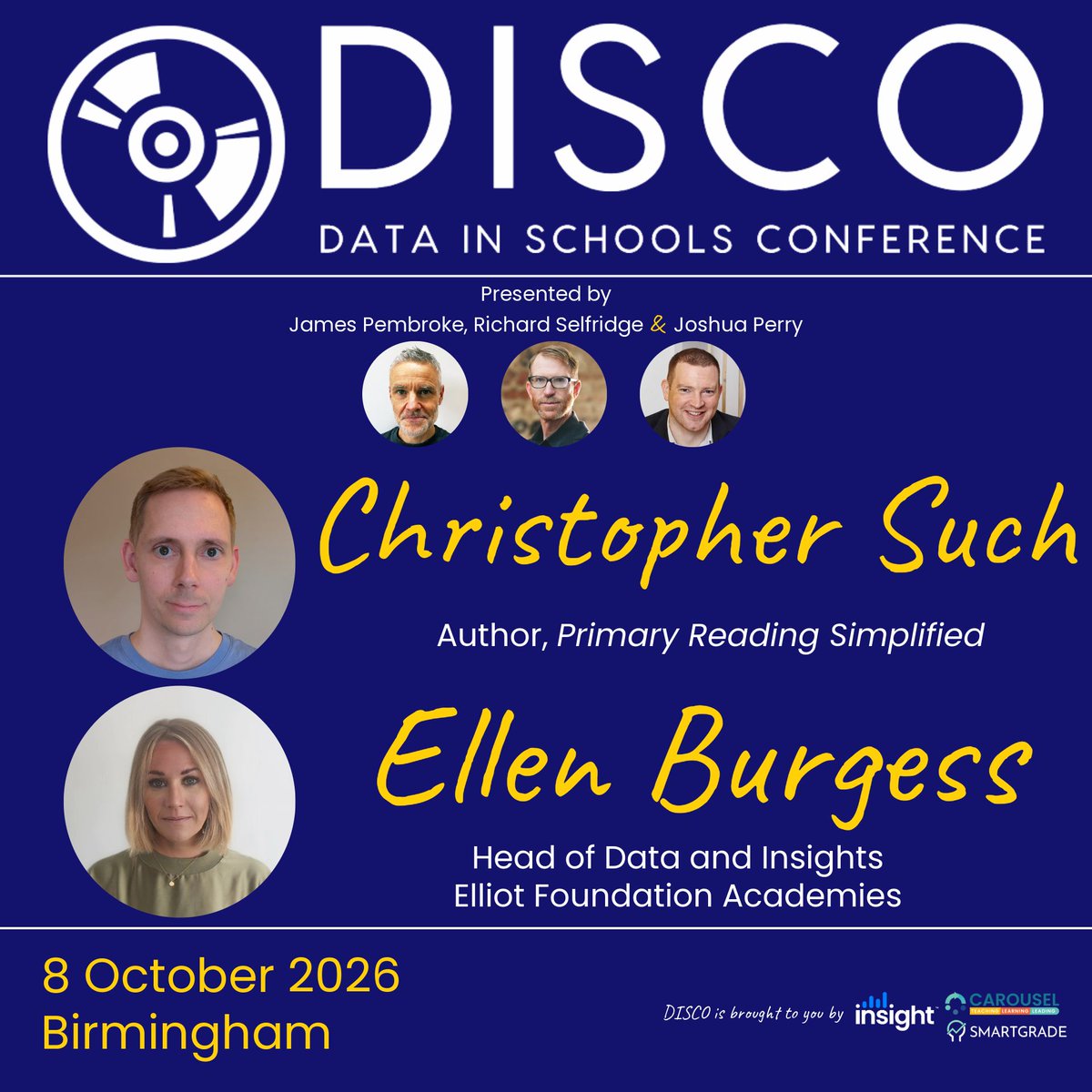 InsightHQ's tweet photo. Need a good reason to join us at DISCO Birmingham? How about five? 🪩

Ellen Burgess. Christopher Such. James Pembroke. Richard Selfridge. Joshua Perry.

They’ll all be taking to the stage on 8 October, talking all things primary data.

This way for tickets 👉️ https://t.co/BWrfXaW0Yp 
@Suchmo83 @jpembroke @Databusting @bringmoredata @elliotschools
