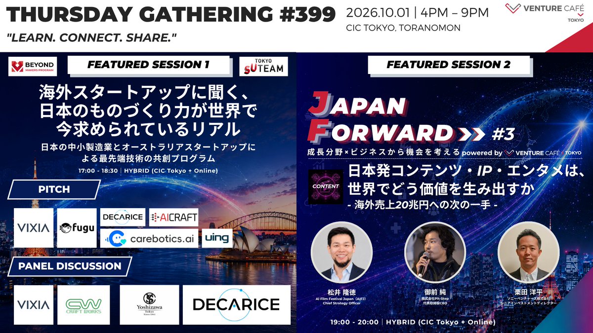 VenCafeTokyo's tweet photo. 【10/1（木）開催！｜Thursday Gathering #399】
📮詳細 & 事前登録：https://t.co/sdp2jxDgc8
今週のThursday Gatheringでは、第3回目となるJAPAN FORWARDが開催予定です✨ 第3回となる今回は、ゲーム、アニメ、映像、エンターテインメントなどの「コンテンツ産業」を取り上げます。
さらに、実際に生まれ始めている共創事例をもとに、日本のものづくりが世界で活躍する可能性と、これからの国際共創のあり方を議論するセッションなど様々なセッションを開催予定です！
A text-based simultaneous translation tool will be available during the sessions.

今週のフィーチャード・セッション ：
⭐︎海外スタートアップに聞く、日本のものづくり力が世界で今求められているリアル
⏰: 17:00 - 18:30
⭐︎JAPAN FORWARD #3 | 日本発コンテンツ・IP・エンタメは、世界でどう価値を生み出すか — 海外売上20兆円への次の一手
⏰: 19:00 - 20:00
今週のセッション一覧：

・Thursday Gatheringの楽しみ方
・Tech Osaka Award 2027 登壇応募説明会｜Application Information Session
・日本のディープテック企業が成長軌道に乗るには
・Youは何しにCIC Tokyoへ？
・Venture Café Tokyoの起業家教育プログラム『COMMUNITY CAMPUS TOKYO 第6期 sponsored by AMERICAN EXPRESS』 Demo Dayを開催！
・🔴 Meetup for Thursday Gathering Beginners !
・Space Medicine: Shaping the Future of Human Activity | 宇宙医学が切り拓く未来の人類活動
Venture Café Tokyoは、偶然の出会いから新たな挑戦や共創が生まれる、世界と日本を結ぶ日本最大級のイノベーションコミュニティです。
詳細はVenture Café Tokyoのウェブサイトでご確認いただけます。

オンラインまたは現地で、今週も皆様にお会いできることを楽しみにしています！
#VenCafeTokyo #ThursdayGathering