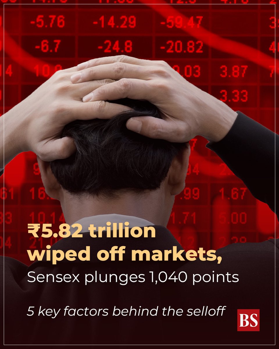 bsindia's tweet photo. #MarketsWithBS | βΉ5.82 trn wiped off the market as the #Sensex plunges 1,040 points and the #Nifty falls 307 points. All sectoral indices traded in the red, while midcap and smallcap indices fell 1% each. What drove the selloff?
Take a look
@iam_sago
https://t.co/EY2WOezIwL https://t.co/FDuuN7PgWy