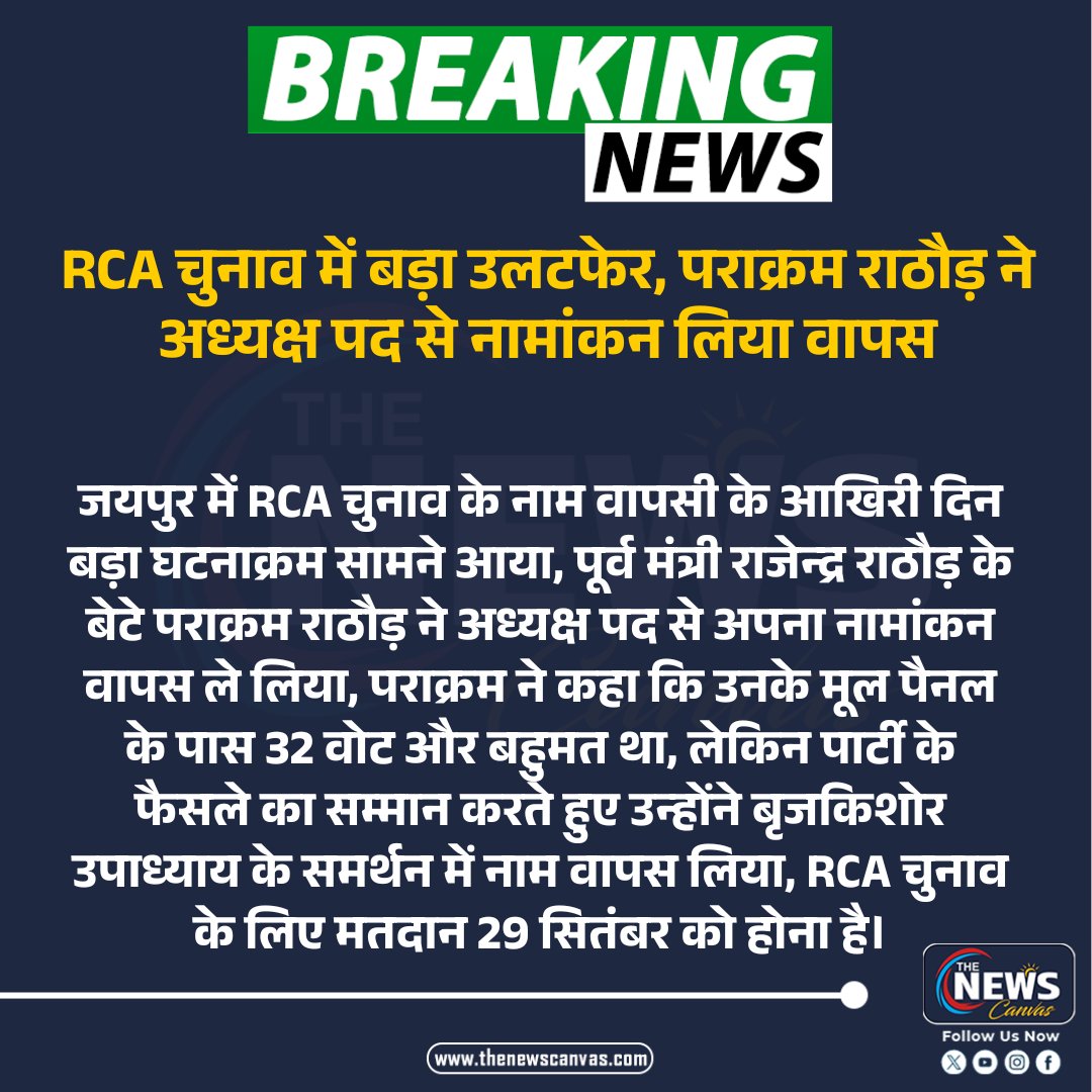 TheNewsCanvas_'s tweet photo. RCA चुनाव में बड़ा उलटफेर, पराक्रम राठौड़ ने अध्यक्ष पद से नामांकन लिया वापस
#rcaelection #rajasthancricket #jaipur #parakramrathore #rajasthan
@BCCI https://t.co/Rclzri5GLG