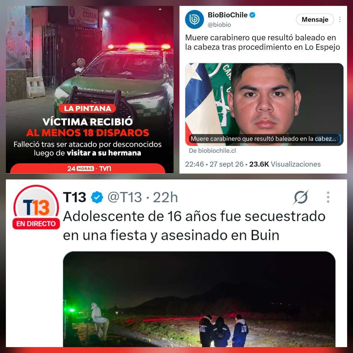 RobertoMerken's tweet photo. 🔴 La casa ordenada de Kast

¿Por qué  el presidente en la ONU dijo que la casa estaba ordenada?¿Por qué tiene a todo su sector político haciendo reels diciendo que la mano cambio?

Ayer, un adolescente de 16 años fue secuestrado y asesinado en Buin. Horas después murió el cabo Christopher Aguilera, baleado en Lo Espejo. Esta madrugada, un hombre de 54 años fue asesinado a tiros en La Pintana. 

Kast dice que «la mano cambió» y celebra sus cifras. ¿En qué país vive?

Tres crímenes no definen una tendencia, pero sí muestran la violencia que sus discursos no pueden borrar. Menos espectáculo, menos propuestas dictatoriales y más respuestas concretas: ¿qué está fallando y cómo van a proteger a las personas?