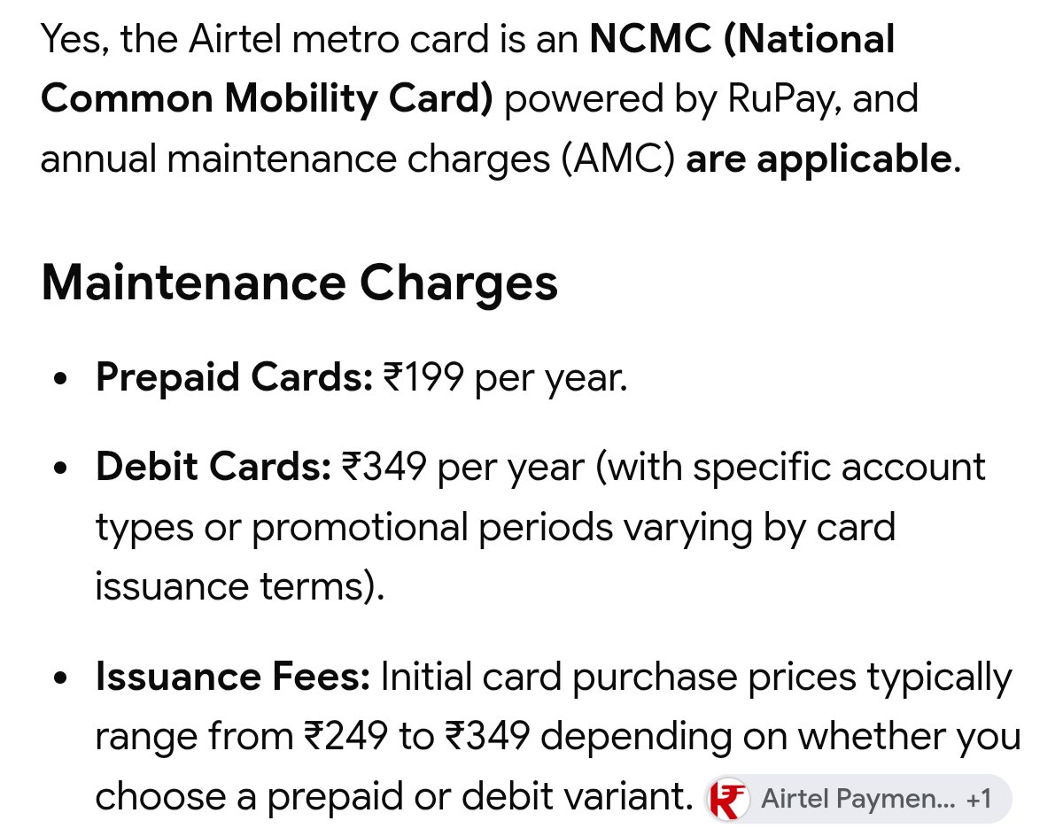 saybharatchry's tweet photo. No response from DMRC yet. Dear @OfficialDMRC, if passengers are being denied a DMRC card and pressured to purchase an Airtel Metro Card instead, who will bear the annual maintenance fee for the NCMC card, as mentioned in the attached document? Kindly provide a clear response. https://t.co/R3QDYxoq8d