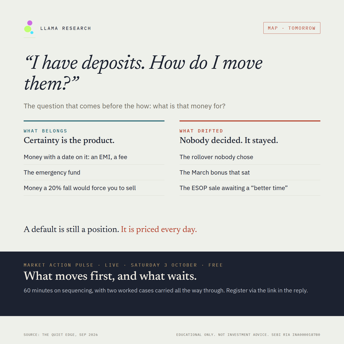 LLama_Research's tweet photo. "I have deposits. How do I move them?"
Some money belongs in an FD: EMIs, fees, the emergency fund. A lot just drifted there.

Tomorrow at MAP: 60 minutes on what moves first and what waits. Free. Link below.

What's in your FD by default?

#FixedDeposit #PersonalFinance #nifty https://t.co/WDWLdktLWG