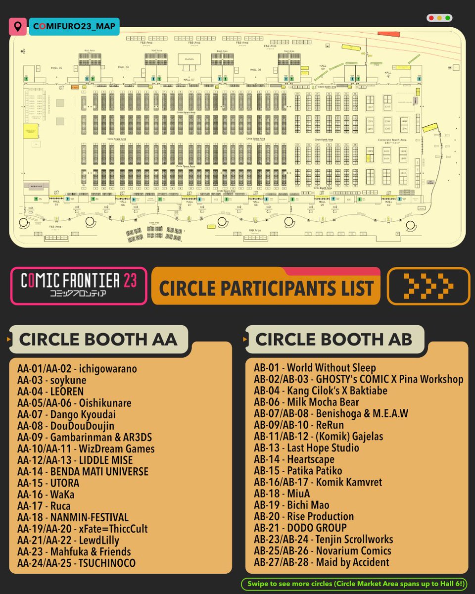 comifuro's tweet photo. #Comifuro23 Circle Participants List

It’s time to check which circle you’re gonna meet across our Circle Market Area, ranging from Hall 9 to Hall 6 of ICE BSD. Let’s start from Circle Booth (the one with R8 partition) AA to AH.

More circles will be listed in the threads below👇 👇 👇