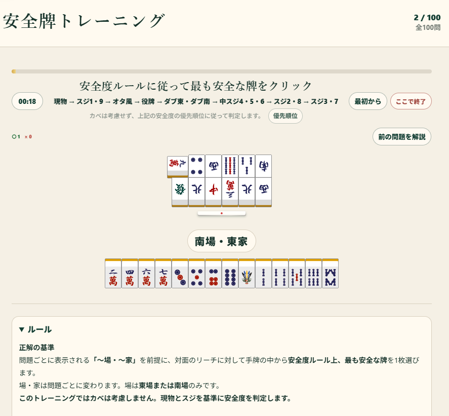 Hokusai_7tubosi's tweet photo. トレーニング第3弾、麻雀の「ルールに従い、最も安全な牌を切る」問題を100問できるゲームを作りました！防御力を鍛えたい人必見です！🀄️ 

 難易度は高めで、全問正解は大変！私は6分くらい！    

ブラウザですぐ遊べます。挑戦してみてね！😆  

https://t.co/sNYKKhs3EL  

#安全牌トレーニング https://t.co/Rl7xeqHfw1