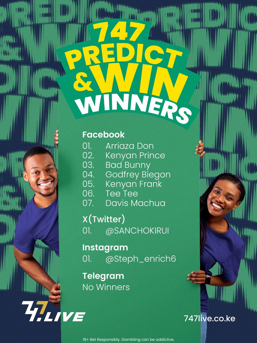 747liveKenya's tweet photo. 🚨CONGRATULATIONS to our 747 Predict &amp; Win Winners!!🎊🥳
These punters predicted England 2 - 3 Spain CORRECT SCORE!🙌🏾
They walk away with @ 1000/= to be credited in their 747Live betting accounts🔥
@SANCHOKIRUI please inbox your number! 
Another one coming soon! ♻️
#747LiveKenya https://t.co/0cBY9zIxl6