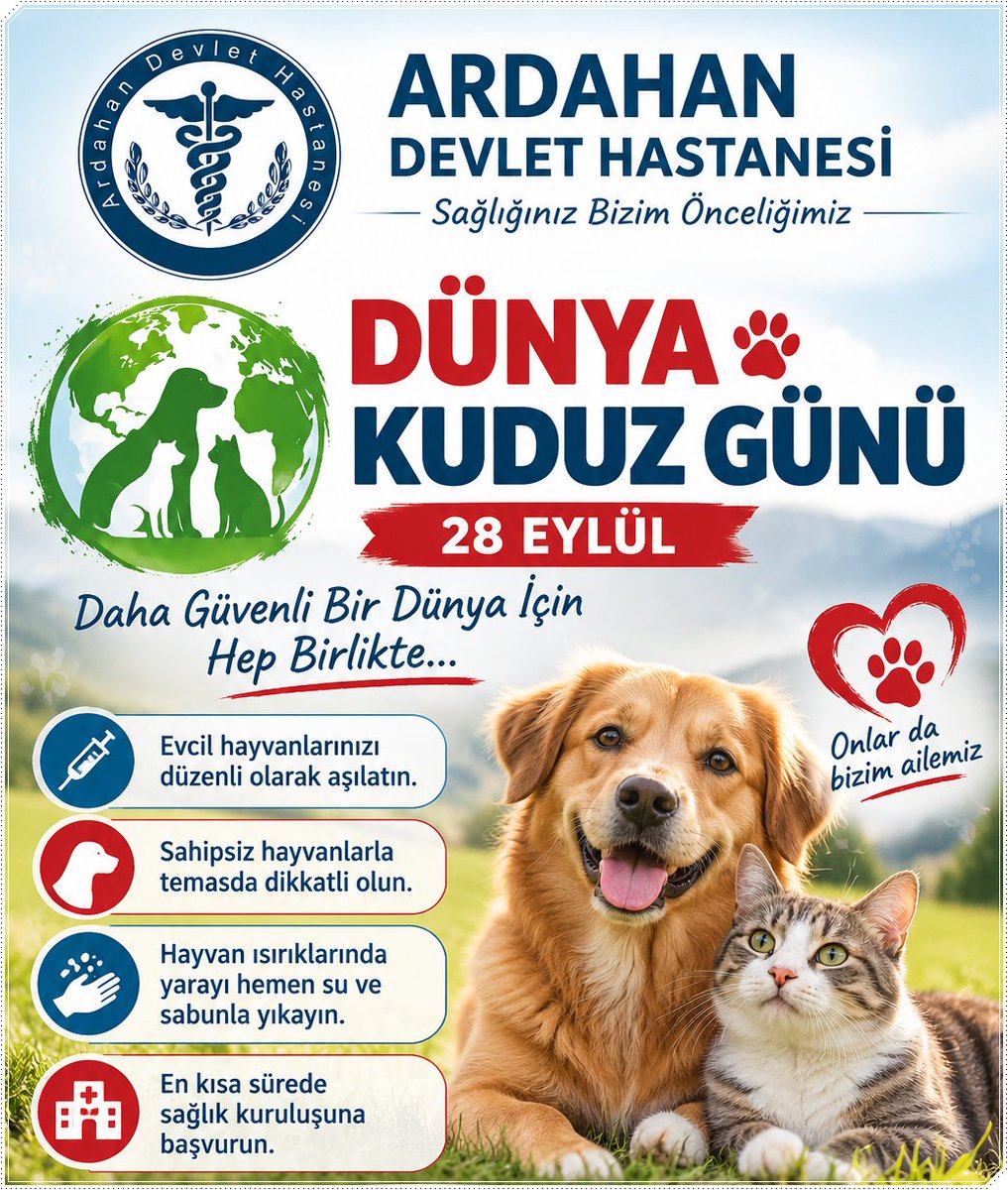 Ardahandh's tweet photo. Kuduz, aşı ile önlenebilen ancak ihmal edildiğinde ciddi sonuçlara yol açabilen bir hastalıktır. Evcil hayvanların aşılarını yaptırmayı ve temas/ısırık durumunda vakit kaybetmeden sağlık kuruluşuna başvurmayı unutmayalım.
#dünyakuduzgünü https://t.co/1ghL4LCLmz