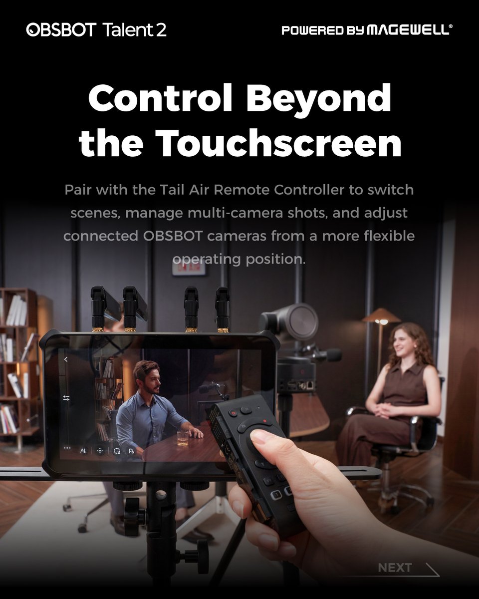 OBSBOT_Official's tweet photo. Talent 2 control, right in your hand. 🎛️

Double-click to switch canvases. 
Single-click to jump between compatible OBSBOT cameras. 
Then control PTZ movement, zoom, presets, tracking, and more—all without staying on the touchscreen.

#LiveProduction #OBSBOT_Talent2

Powered by Magewell.