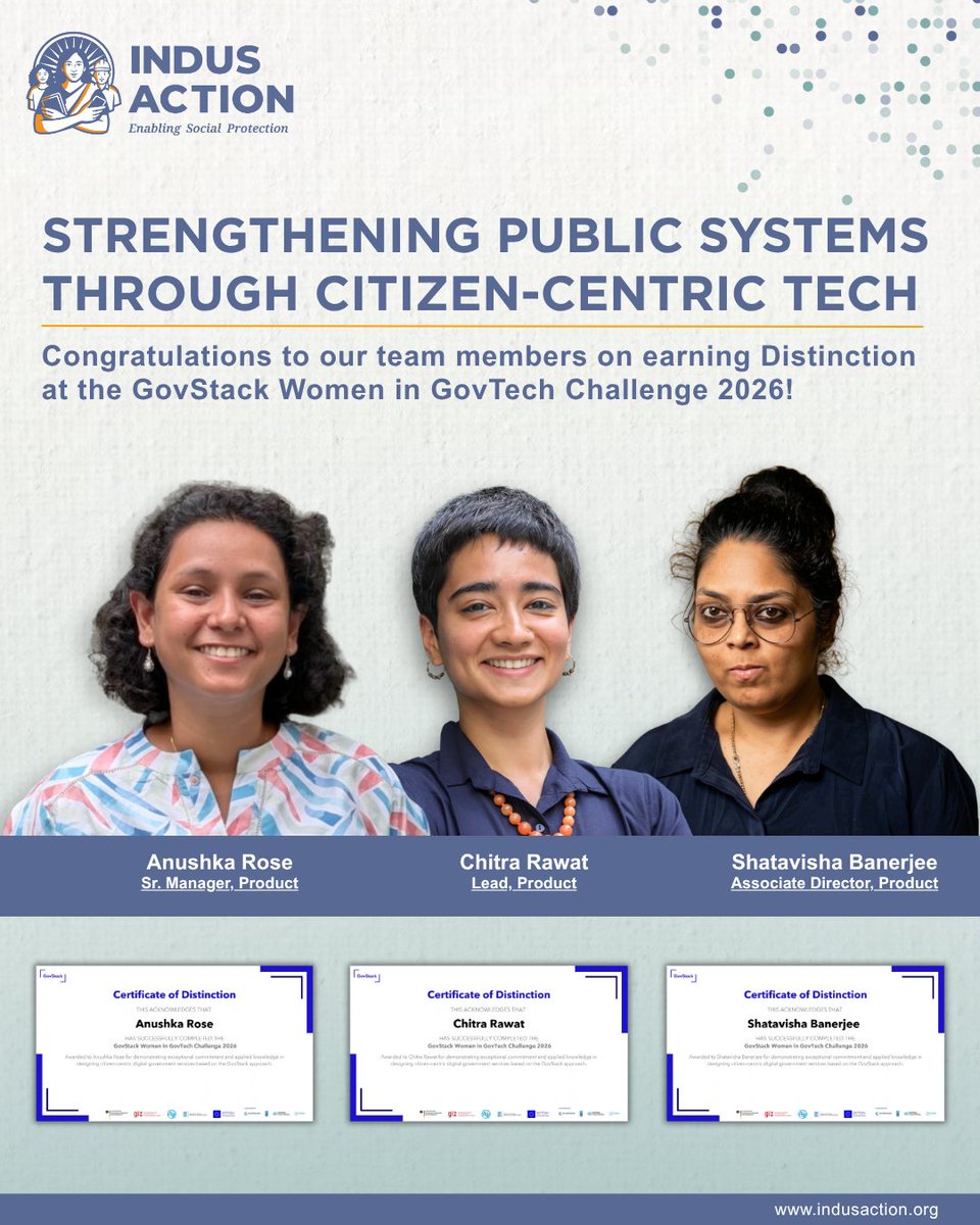 IndusAction's tweet photo. A proud moment for Indus Action!  

Congratulations to our team members, Shatavisha Banerjee, Chitra Rawat &amp; Anushka Rose on earning Certificates of Distinction at the GovStack Women in GovTech Challenge 2026. 

 #IndusAction #GovStack #WomenInGovTech https://t.co/aqim9IkVqh