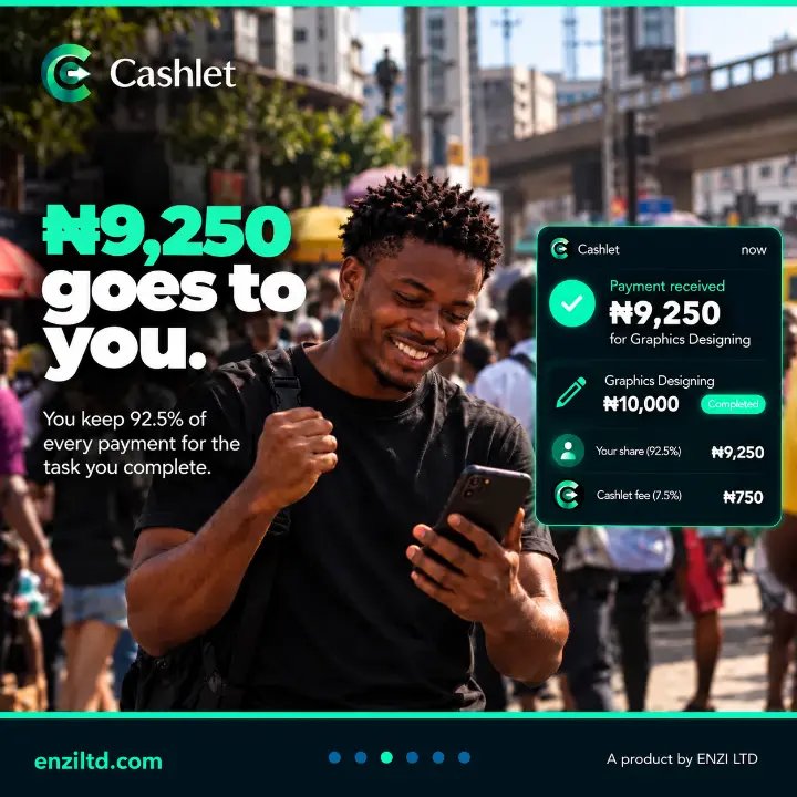 Enzi_ltd's tweet photo. How does Cashlet split the money?
For a completed task, the current model is simple:
92.5% for the Tasker
7.5% for Cashlet
For example, on a ₦10,000 task, the Tasker receives ₦9,250 while ₦750 goes to Cashlet.
#Cashlet #ENZI #BuildBoldly #Tasker https://t.co/odDVCXxeJY