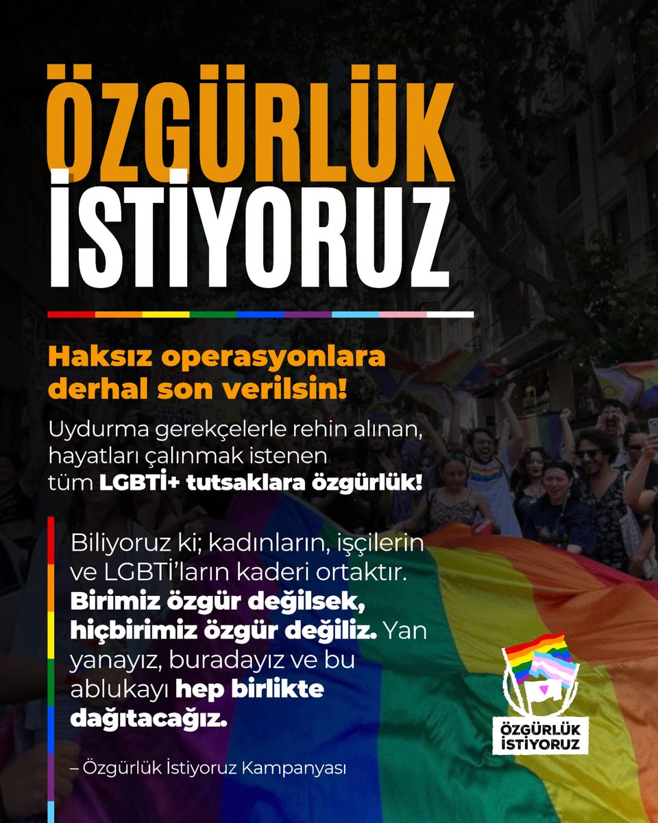 esikplatformu__'s tweet photo. 🟣 Özgürlük İstiyoruz Kampanya Grubu, LGBTİ+'lara yönelik operasyonlara karşı bir kampanya başlattı.

👉 Sosyal medyadan yapılan paylaşımlarda,

📍Haksız operasyonlara derhal son verilsin!

📍Uydurma gerekçelerle rehin alınan, hayatları çalınmak istenen tüm LGBTİ+ tutsaklara özgürlük!
talepleri yükseltildi.

📌 Özgürlük İstiyoruz Kampanya Grubu'nun belirttiği gibi:

💬 Biliyoruz ki; kadınların, işçilerin, ezilenlerin ve LGBTİ+'ların kaderi ortaktır. Birimiz özgür değilsek, hiçbirimiz değiliz. Yan yanayız, buradayız ve bu ablukayı hep birlikte dağıtacağız.

#Özgürlükİstiyoruz